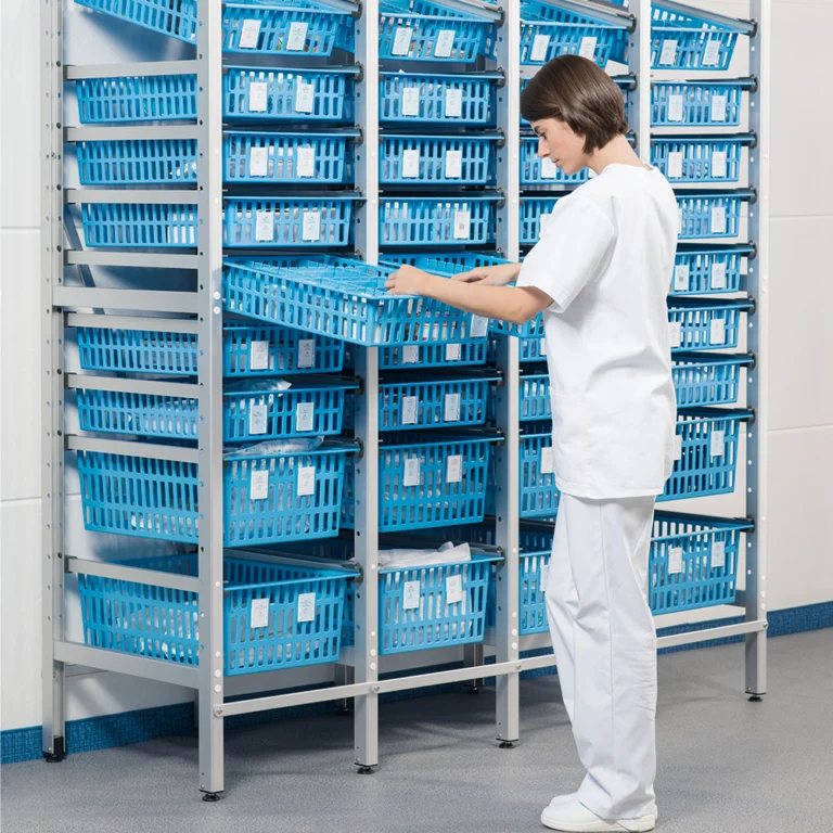 ZARGES healthcare shelving with blue modular baskets